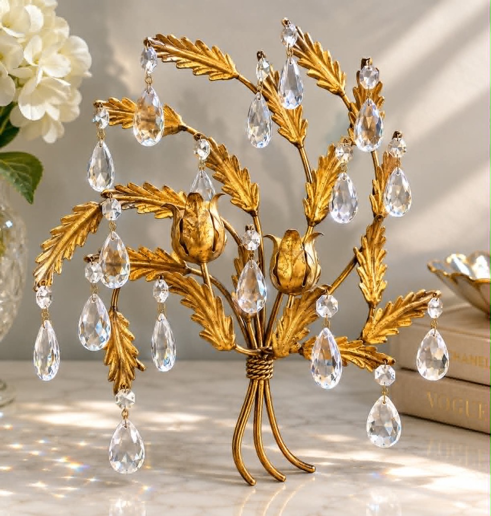 Vintage Hollywood Regency Italian Tole Glass Crystal Floral Wall Hanging Decor
